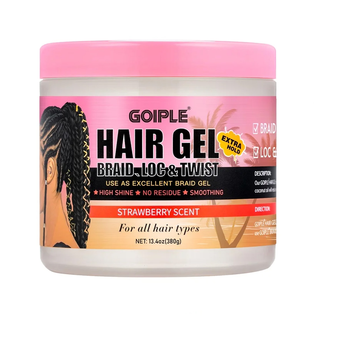 Edge Control Gel - ゴイプル-ストロベリーの香りのヘアスタイリングジェル,高光沢,滑らかな編み込み,ねじれ,強力な保持,長持ち,フレーキングなし,380g